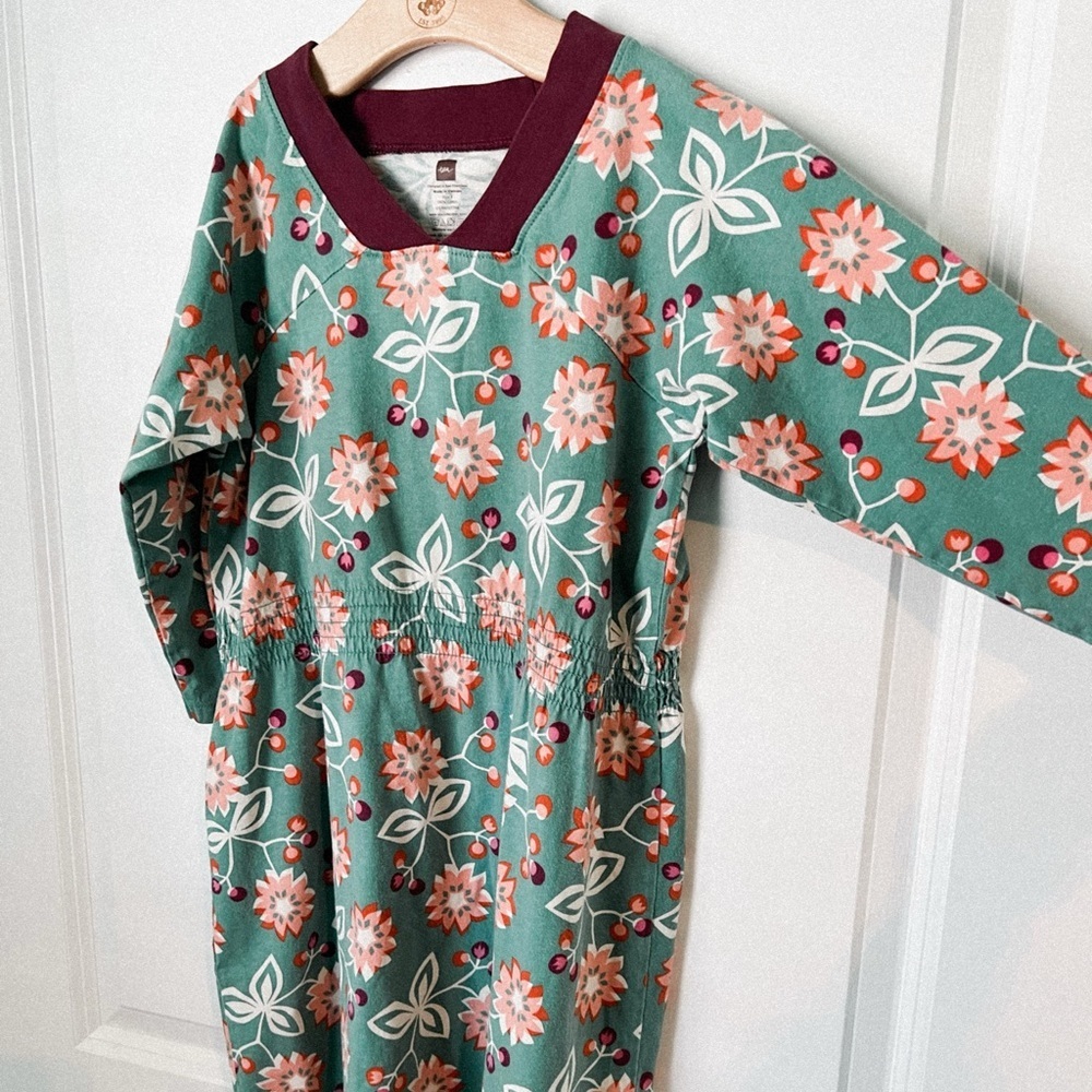 Tea Collection girls' multi-color floral maroon trim long-sleeve dress‎